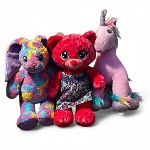 Build-A-Bear Tie-Dye Bunny, Floral Red Bear, and Pink Fairy Unicorn Trio